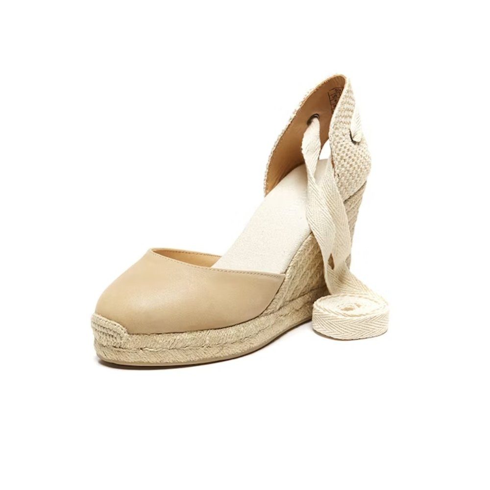 Soludos Tall Leather Espadrille Wedge Sandal Nude Size 5 5.5